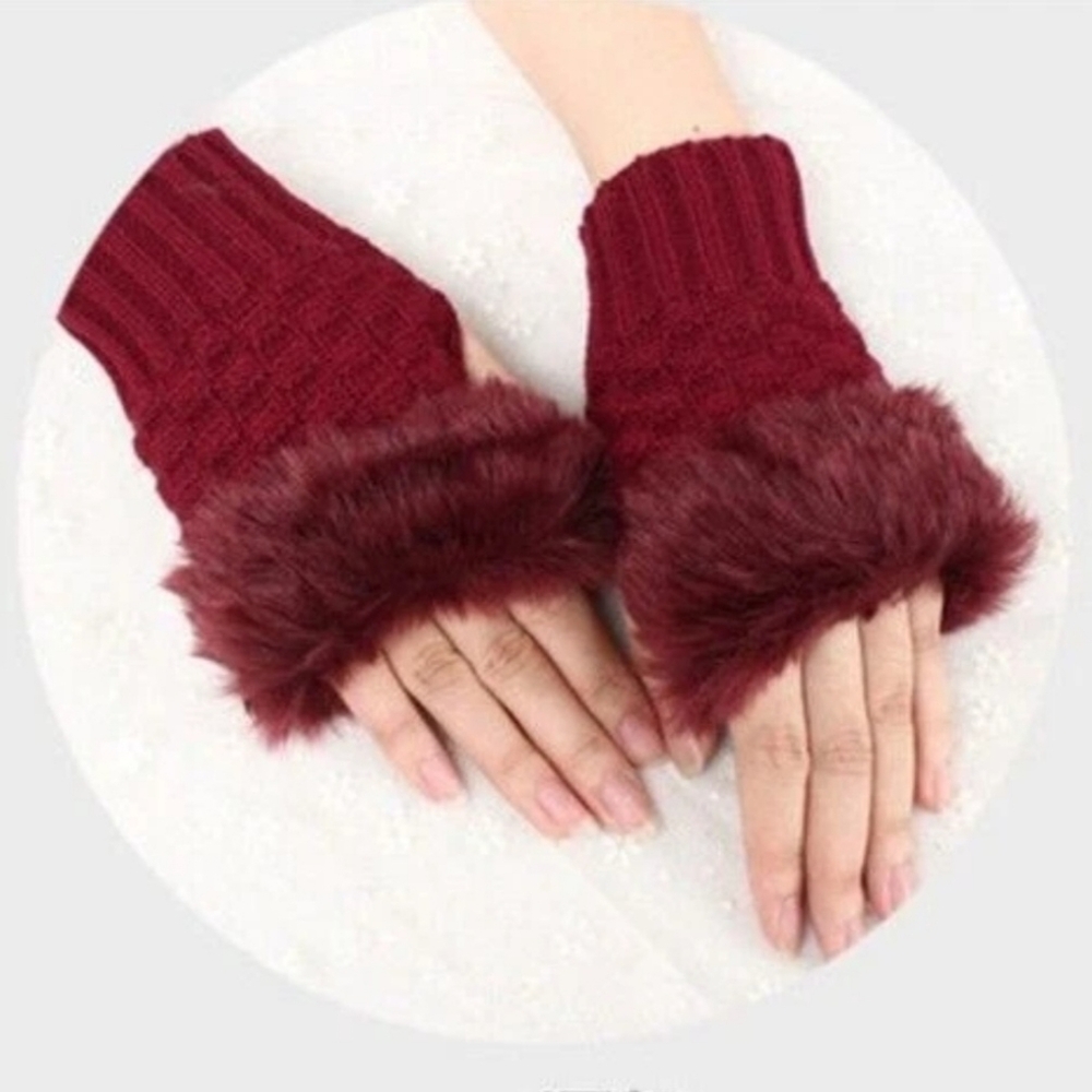 Dark Red Faux Fur Fingerless Magic Stretchy Cropped Winter Sweater Knit Gloves